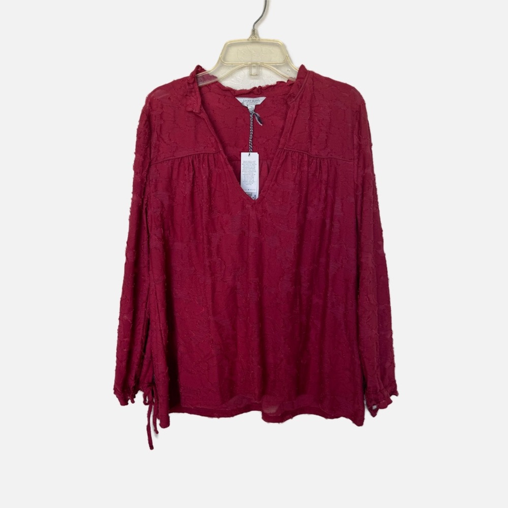 NEW Lucky Brand Red Clip Jacquard Peasant Top